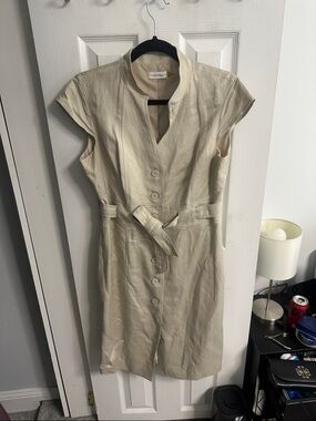 Calvin Klein Light Cream Button-Front Belted Midi Dress